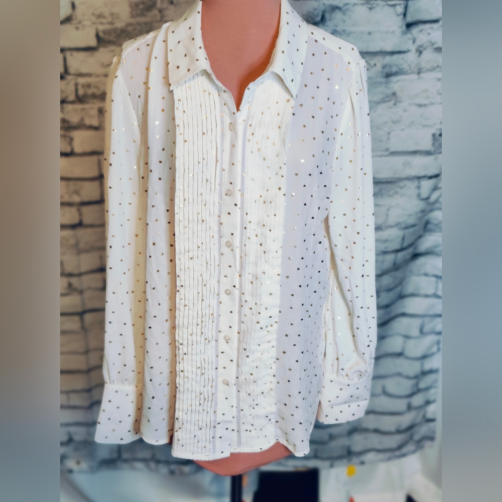 UNTUCKit Ivory gold Fleck Holiday Blouse pintuck front Christmas Chic 12